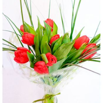 Букеты из живых цветов / Недорогие букеты / Букет из 9 тюльпанов с добавлением зелени